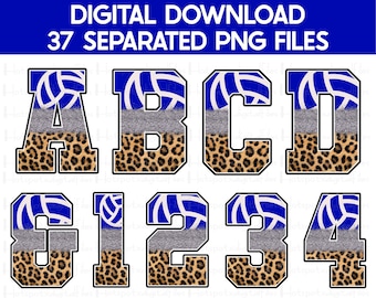 Può includere: 37 file PNG separati di lettere e numeri a tema pallavolo. Le lettere sono blu, bianche e grigie con un design a stampa leopardata nella parte inferiore. Le lettere sono in un font in stile universitario.