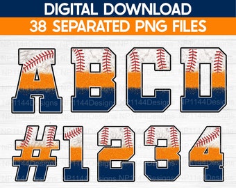 Paquete PNG del alfabeto de béisbol: letras universitarias en azul marino y naranja (descarga digital)