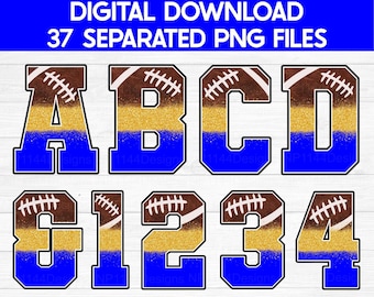 May include: A set of 37 digital football-themed alphabet and number graphics. The letters A, B, C, and D and the numbers 1, 2, 3, and 4 are shown in a blue, gold, and brown color scheme with a football pattern.