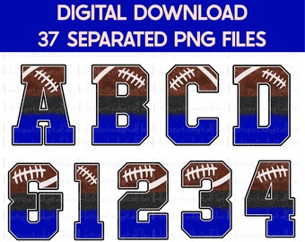 Football Alphabet PNG Bundle: Blue & Black, Varsity Letters and Numbers (Digital Download)