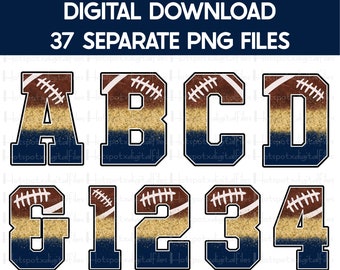 May include: 37 separate PNG files of gold glitter football-themed letters and numbers. The letters are A, B, C, and D. The numbers are 0, 1, 2, 3, and 4. The letters and numbers are in a navy blue and brown color scheme.