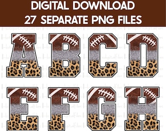 Football Leopard Print Alphabet Bundle PNG, Sublimation Letters, Varsity Letters, Sport Letters Clipart, Instant Download