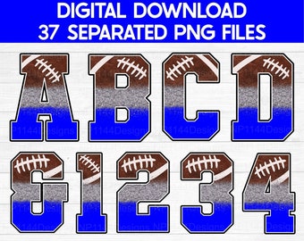 Football Alphabet PNG Bundle: Royal Blue & White/Silver, Varsity Letters clipart (Digital Download)