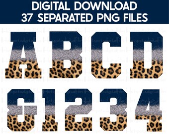 Leopard Alphabet PNG Bundle: Navy Blue & White, Varsity Letters and Numbers (Digital Download)