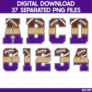Football Purple Gold Glitter Alphabet Bundle PNG, Sublimation Letters, Varsity Letters, Sport Letters Clipart, Instant Download