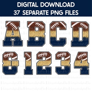Football Navy Blue Gold Glitter Alphabet Bundle PNG, Sublimation Letters, Varsity Letters, Sport Letters Clipart, Instant Download