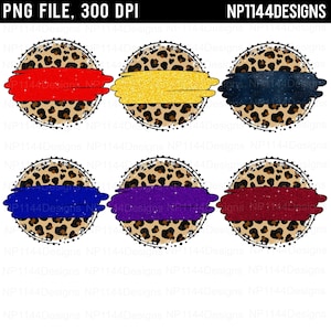 May include: Six leopard print circles with different colored stripes across the middle. The stripes are red, yellow, blue, purple, and burgundy.