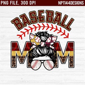 May include: Baseball Mom graphic with a woman's face, hair in a bun, wearing sunglasses with baseballs for lenses. The word "Baseball" is in red and gold glitter letters. The word "Mom" is in red, gold, and brown glitter letters with a leopard print pattern.