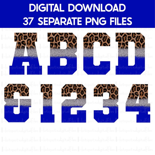 Royal Blue Silver Glitter Leopard Print Alphabet Bundle PNG, Sublimation Varsity Letters, Printable Letters with numbers, Instant Download
