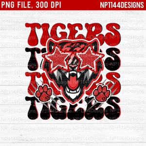 Tigers Preppy Mascot PNG, Red and Black Team Colors, Groovy, Distressed, Stacked, Sublimation Design, School Mascots, Instant Download