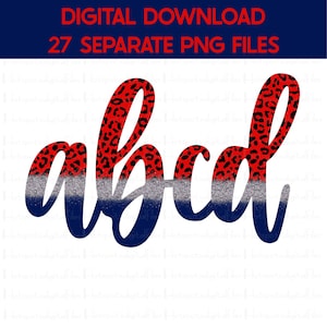 Pacote de alfabeto com estampa de leopardo vermelho com brilho prateado azul marinho, elementos de sublimação, letras cursivas a-z com sinal, download instantâneo