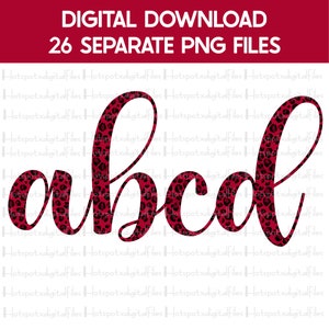 Pacote de alfabeto com estampa de leopardo vermelho desgastado, designs PNG de sublimação, pacote alfa, letras para impressão, letras cursivas A-Z, download instantâneo