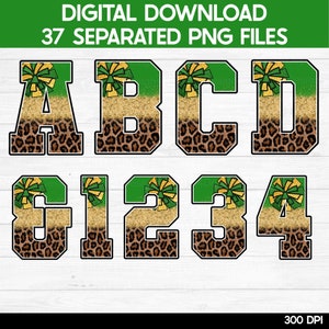 Cheer Green and Gold Leopard Print Alphabet Bundle PNG, Sublimation Elements, Cheer Sublimation, Sport Letters Clipart, Instant Download