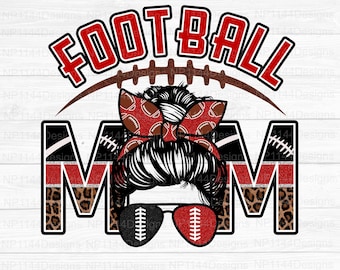 Football Mom Red and Black PNG, Leopard Print Football Sublimation Design, Leopard Mom, Messy Bun, Ready to Print, Instant Download