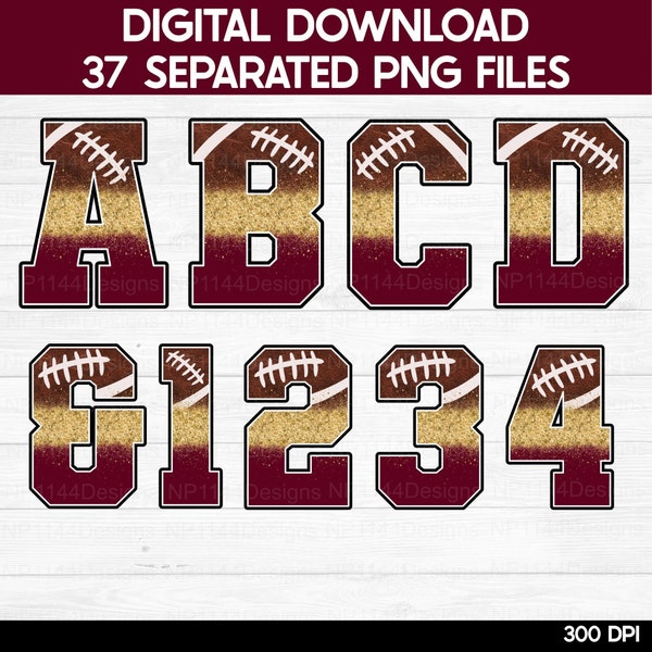 Football Maroon and Gold Alphabet Bundle PNG, Sublimation Elements, Varsity Letters, Sport Letters Clipart, Instant Download