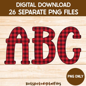Könnte beinhalten: Rote und schwarze Buffalo-Karos Alphabetbuchstaben A, B und C. Digitaler Download von 26 separaten PNG-Dateien. Nur PNG.