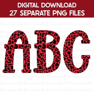Red Leopard imprimir Alphabet Bundle, Sublimation DISEÑOs PNG, Elementos de San Valentín, Letras A-Z, Alfa Clipart, Descarga digital