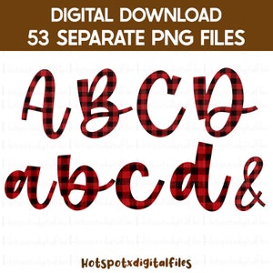 Letras mayúsculas y pequeñas con signo, Buffalo Plaids Alphabet Bundle, diseño PNG de sublimación, cartas manuscritas, descarga digital
