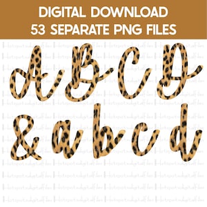 Paquete de alfabeto de impresión de guepardo, descarga de diseños PNG de sublimación, paquete Alfa, letras imprimibles, letras cursivas A-Z con &, Descarga digital