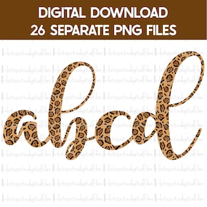 Paquete de alfabeto impresión de leopardo, sublimación PNG diseños descargar, paquete alfa, letras imprimibles, letras cursivas A-Z, descarga digital