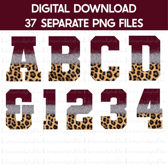 Leopard Maroon Silver Varsity Letters: PNG Alphabet Bundle (Digital Download)