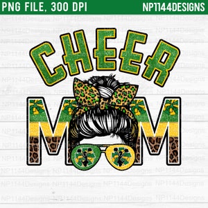 Cheer Mom PNG, Glitter Green and Gold Team Colors, Cheer Sublimation Design, Messy Bun, Leopard Cheer, DTG Printing, Instant Download