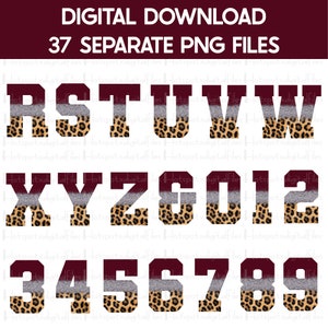 May include: 37 separate digital download files of leopard print letters and numbers with a burgundy, gray, and white background. The letters are R, S, T, U, V, W, X, Y, Z, 0, 1, 2, 3, 4, 5, 6, 7, 8, and 9.