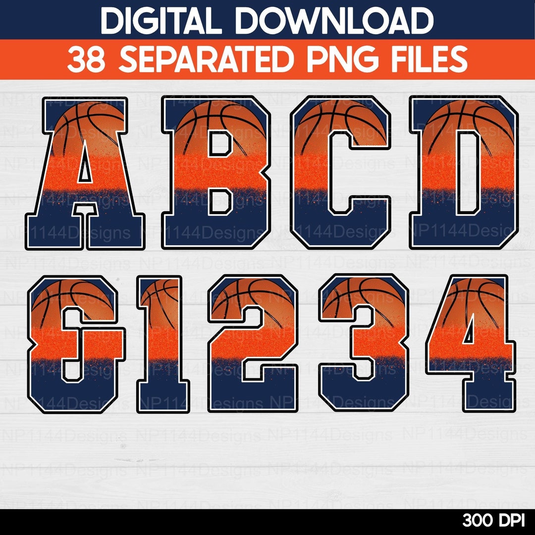 Basketball Alphabet PNG Bundle: Navy Blue & Orange Varsity Letters ...
