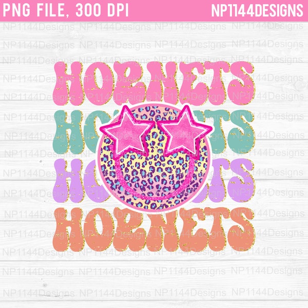 Hornets Preppy Mascot PNG, Pink Star Eyes, Leopard Smiley, Sublimation Design Download, School Mascot, Retro Hornets, Instant Download