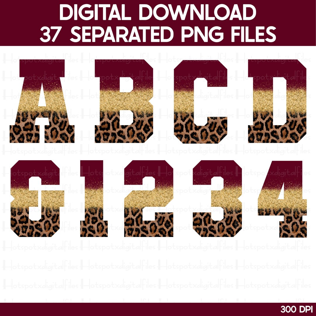 Leopard Alphabet PNG Bundle: Maroon & Gold, Varsity Letters and Numbers ...