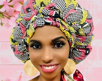 Cristoli Satin Lined Sleeping Bonnet African Headwrap Turban ANKARA PINK YELLOW