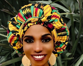 Cristoli Satin Lined Sleeping Bonnet African Headwrap Turban ANKARA GEO YELLOW