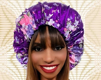 Cristoli Satin Lined Sleeping Bonnet African Headwrap Turban PURPLE FLORAL