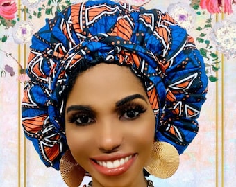 Cristoli Satin Lined Sleeping Bonnet African Headwrap Turban Ankara ROYAL BLUE ORANGE