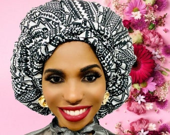 Cristoli Satin Lined Sleeping Bonnet African Headwrap Turban ANKARA BLACK WHITE