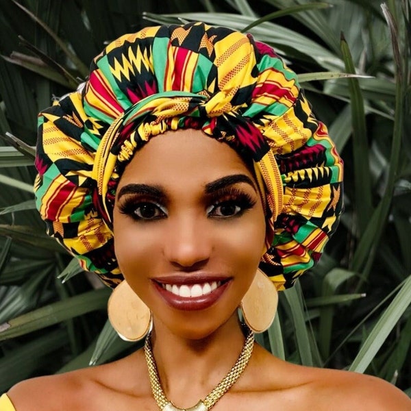 Cristoli Satin Lined Sleeping Bonnet African Headwrap Turban ANKARA GEO YELLOW