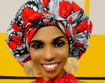 Cristoli Satin Lined Sleeping Bonnet African Headwrap Turban ANKARA BLACK RED