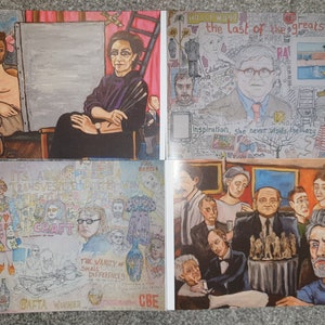 May include: Four colorful postcards featuring artwork of people. The first postcard shows a woman sitting in a chair with a painting behind her. The second postcard shows a man with glasses and a red tie. The third postcard shows a group of people with a lot of text and drawings. The fourth postcard shows a group of people in a room with a painting on the wall.