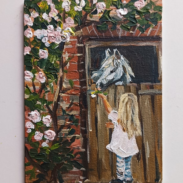 Ami magique Peinture acrylique originale avec petite fille blonde avec un cheval dans le jardin de roses Grand décor en pépinière Meilleure idée cadeau