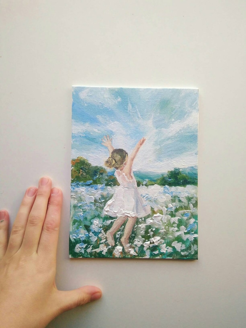 Morning  Original Acrylic Painting in gentle colours with little girl in the Field with chamomile Best Gift idea Home decor