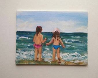 Two sisters at the beach, Original acrilyc painting with a little brunette girls at beach Seascape with children, decor in nursery