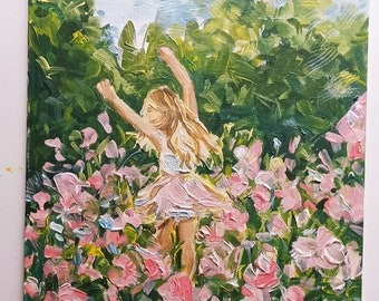 Happy , Original acrilyc painting with a little blonde girl in flowers  Children in nature, Great decor in nursery