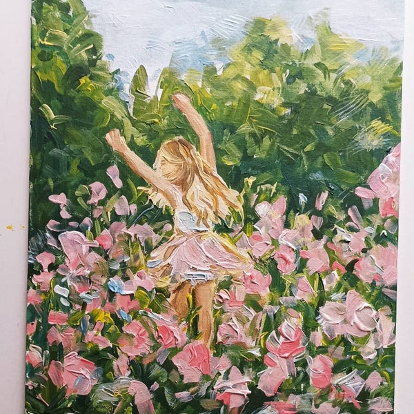 Happy , Peinture acrylique originale avec une petite fille blonde en fleurs Enfants dans la nature, Grand décor en pépinière