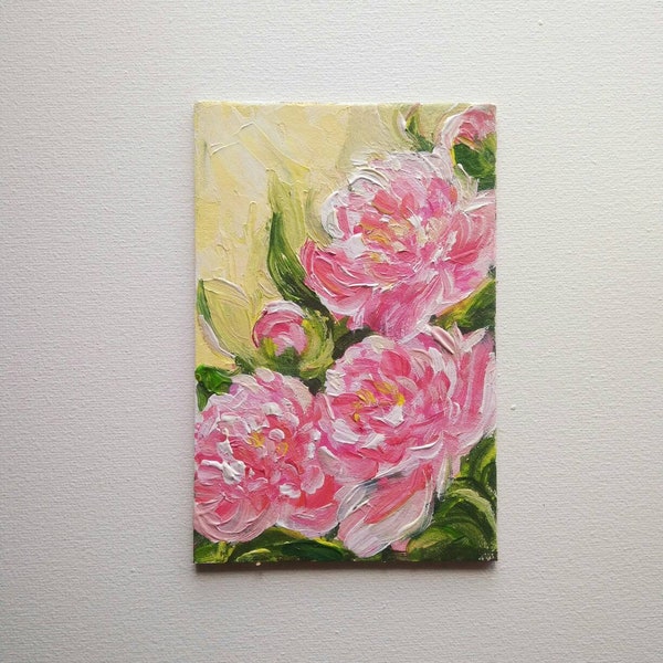 Abstraits pivoines roses avec texture convexe Peinture acrylique originale dans des couleurs vives Mini peinture colorée 4x6" Meilleure idée cadeau