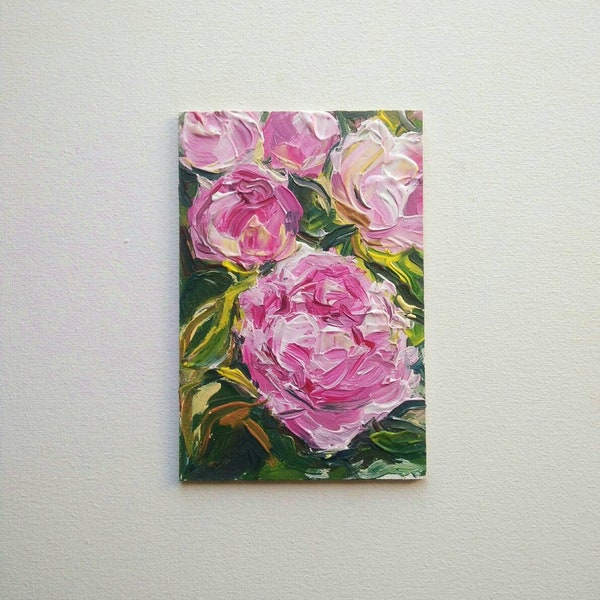 Pivoines roses avec texture convexe Peinture acrylique originale dans des couleurs vives Mini peinture 4x6" Meilleure idée cadeau Art floral