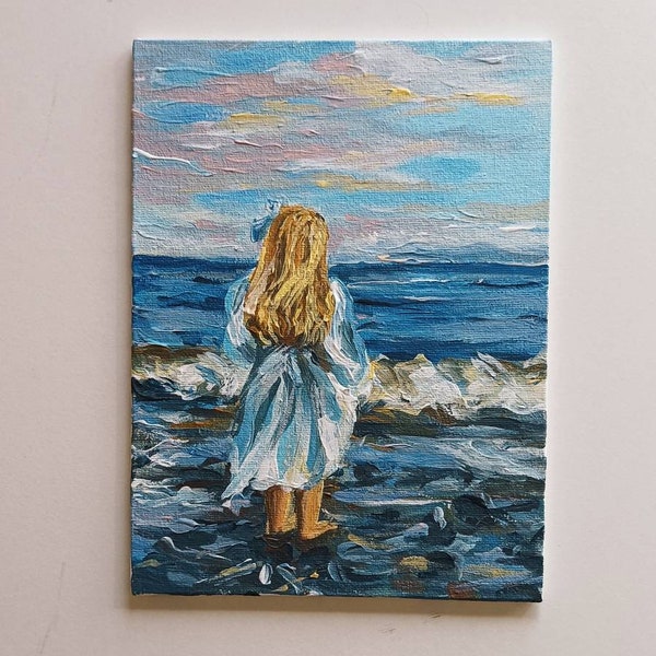 Sun at the beach, Original acrilyc painting with a little blonde girl at ocean Seascape with children, decor in nursery