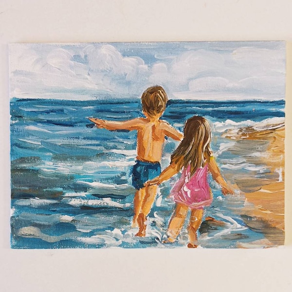 Friends forever Original acrilyc painting with two children at the beach Loving sister and brother Childhood  Best friends, Great gift