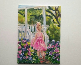 Sonniger Garten Originales Acrylbild mit hübschem kleinem Mädchen im Blumengarten Beste Geschenkidee Tolles Dekor im Kinderzimmer