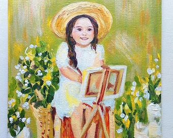 Spring Original Acrylic Painting Little girl in straw hat is painting in the flowers  Best gift idea  Interior decor