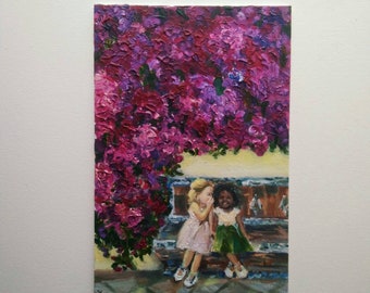 Eine Begegnung.Zwei kleine Mädchen auf der Bank. Original Acrylgemälde von schwarz-weißen Kindern in Blumen heller Kindermalerei